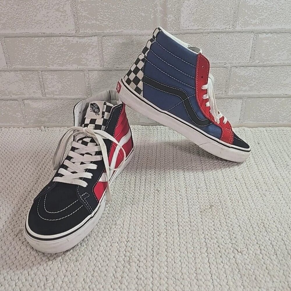 VANS Old Skool Sk8 Hi Top Blue Red Checkerboard Suede Mens 9 Womens 10.5 Shoes